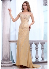 Champagne Column Beaded Brush Train Prom Dresses for Women