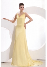 V-neck A-line Yellow Cool Back Prom Dresses with Tail for Girls