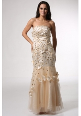 Champagne Column Prom Gown Dress with Floral Embellishment