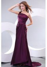 Single Shoulder Ruching Purple Prom Dresses with Sweep Train