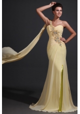 Single Shoulder Appliques and Ruffles Chiffon Prom Dama Dresses