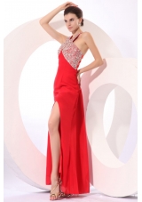 Paillettes Decorated High Slit Red Taffeta Prom Dress for Women