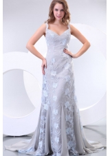 Wonderful Straps Column Lace Prom Maxi Dress with Court Train