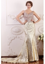 Diamonds Decorated Straps Trumpet Court Train Prom Dresses