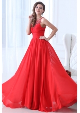 Fancy Red Princess Straps Chiffon Prom Dresses with Appliques