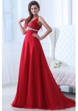 V-neck Beaded Decorated A-line Red Prom Dress with Brush Train