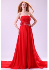 Beaded Handle Flowers Decorated Empire Red Chiffon Prom Dress