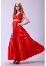 Cheap Red Empire V-neck Beaded Prom Theme Dresses with Pleats