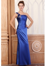 Handle Flowers One Shoulder Column Ruching Blue Prom Dresses