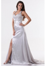 Beaded Wide Straps High Slit Sweep Train Prom Gown Dresses