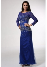 Noble Blue Scoop Long Sleeves Column Prom Dress with Beading