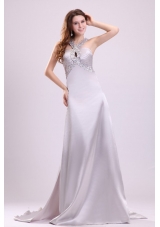 Gray Straps Beading and Ruching Brush Train Prom Gown Dress