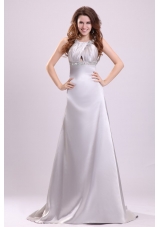 Gray Straps Beading and Ruching Brush Train Prom Gown Dress