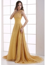 Lace One Shoulder Ruching Court Train Gold Dresses for Prom