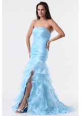 Aqua Blue Mermaid Strapless Prom Dresses with Beading and Layers