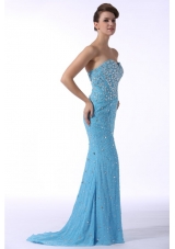 Beaded Aqua Blue Mermaid Sweetheart Brush Train Dresses for Prom