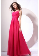 Beading Decorated Shoulder Coral Red Chiffon Empire Prom Gown Dress