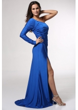 Blue Long Sleeve Prom Evening Dress with High Slit