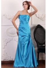 One Shoulder Beading and Ruching Floor-length Prom Gowns in Blue