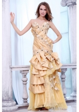 Bowknot Unique Sweetheart Beading and Flowers Gold Prom Dresses