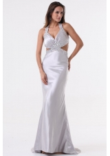 Sexy Silver Column Halter Top Prom Evening Dress with Beading