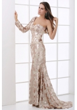 Stunning Sequins Champagne One Shoulder Long Sleeve Prom Dress