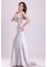 Gray Ruching Appliques Halter Top Brush Train Prom Theme Dresses