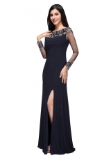 Slit Column Scoop Navy Blue Prom Celebrity Dress with Long Sleeves