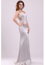 Column Straps Beading Satin Floor-length Prom Evening Dress in Grey