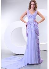 Lavender Long V-neck Lace and Chiffon Prom Dresses with Court Train