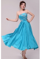 Elegant Aqua Blue A-Line Strapless Prom Evening Dress with Beading