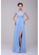 Gorgeous Blue V-neck High Slit Cutout Chiffon Prom Evening Dresses