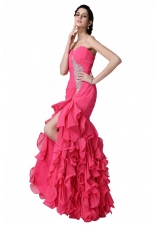 Mermaid Sweetheart Beading Ruffles Coral Red Prom Dress with High Slit