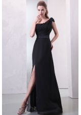 Bowknot Decorated One Shoulder High Slit Chiffon Prom Evening Dress