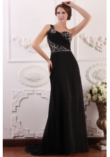 Paillettes Decorated One Shoulder Black Brush Train Prom Gown Dress