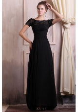 Short Sleeves Bateau Black Chiffon Prom Gowns with Brush Train