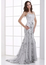 Fitted Silver Column Beading and Appliques Prom Evening Dress