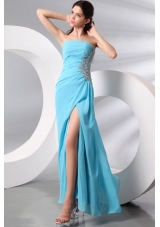 Sequins and Appliques Aqua Blue High Slit Chiffon Prom Holiday Dress