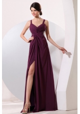 Fashion Straps High Slit Chiffon Prom Formal Dress with Sweep Train