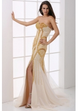 Fitted Champagne Sweetheart Column Beaded Decorate Prom Gown Dress