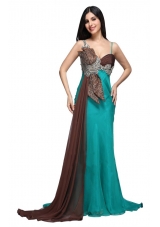 Spaghetti Strap Beading and Ruche Watteau Train Prom Evening Dress