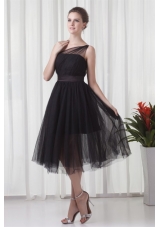 Chic One Shoulder Black Tulle Tea-length 2014 Prom Gown Dress