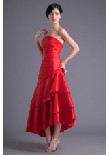 Asymmetrical Red Strapless Dance Dress with Ruches and Layers