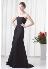 Black Column Strapless Brush Train Ruche Dress for Prom with Lace up