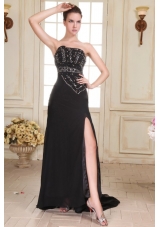 Black Strapless Beaded Bust Brush Train Dress with High Slit for Prom