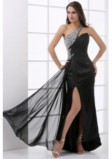 Beading Decorate One Shoulder Black Prom Dress with Slit