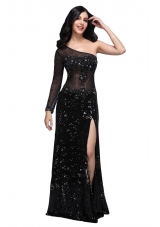 Column Black One Shoulder Long Sleeve Sequins High Slit Prom Dress