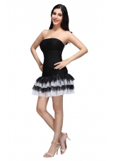 Column Black Strapless Ruching Ruffled Layers Mini-length Prom Dress