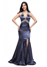 Navy Blue Taffeta Column Halter Top Beading High Slit Prom Dresses