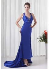 Column Halter Watteau Train Beading Prom Formal Dress in Royal Blue